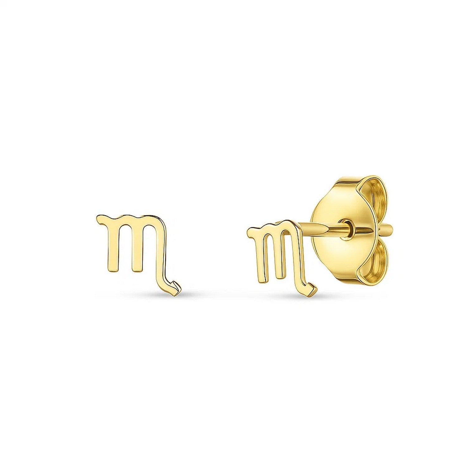 14k Yellow Gold Scorpio Stud Earrings in a sleek high-contrast midnight luxury editorial style